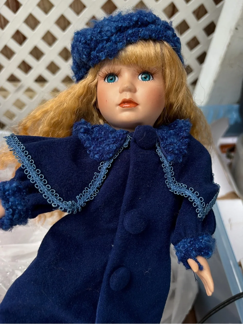 Classic Blue Coat Porcelain Doll with Matching Hat